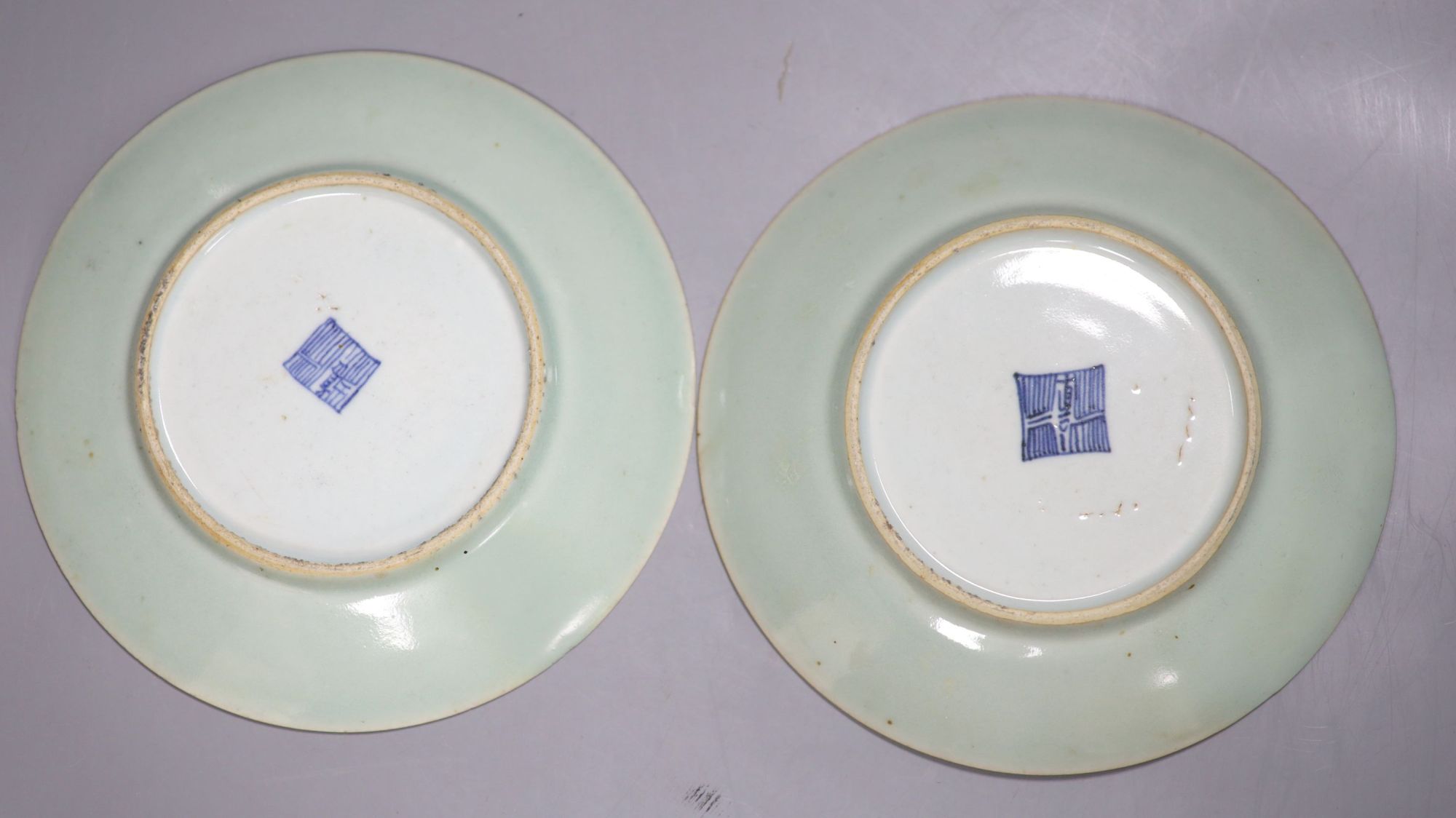 A pair of Cantonese celadon ground dishes, painted with birds and flowers, diameter 19cm, and a pair of Satsuma vases